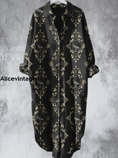 Punk Crow Printed V-Neck Lapel Button Loose Vintage Midi Shirt Dress A / S