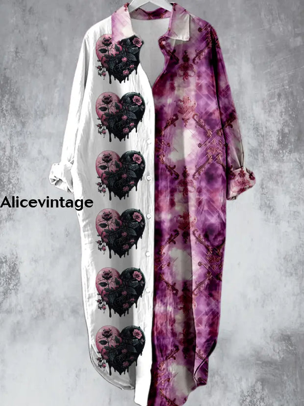 Punk Heart Pattern Art Printed V-Neck Lapel Button Loose Vintage Midi Shirt Dress A / S