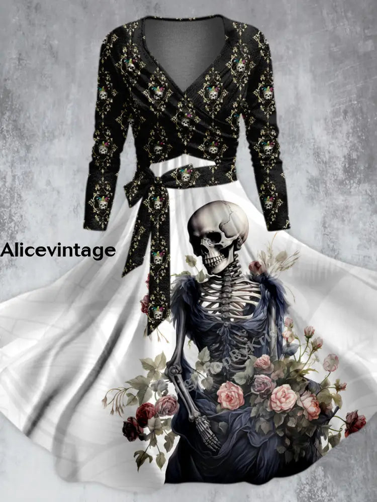 Punk Retro Flowers Skull Printed V-Neck Long Sleeve Straps Fashion Midi Dress A / S