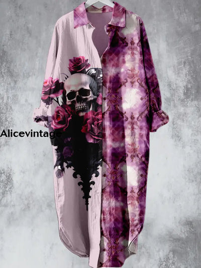 Punk Rose Skull Printed V-Neck Lapel Button Loose Vintage Midi Shirt Dress A / S