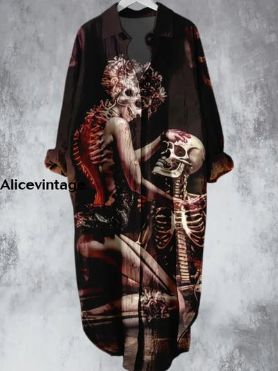 Punk Skeleton Couple Printed V-Neck Lapel Button Loose Vintage Midi Shirt Dress A / S