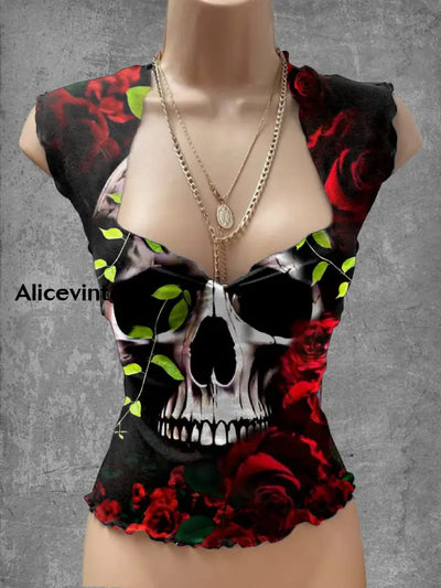 Punk Skull Art Print V-Neck Casual Top A / S