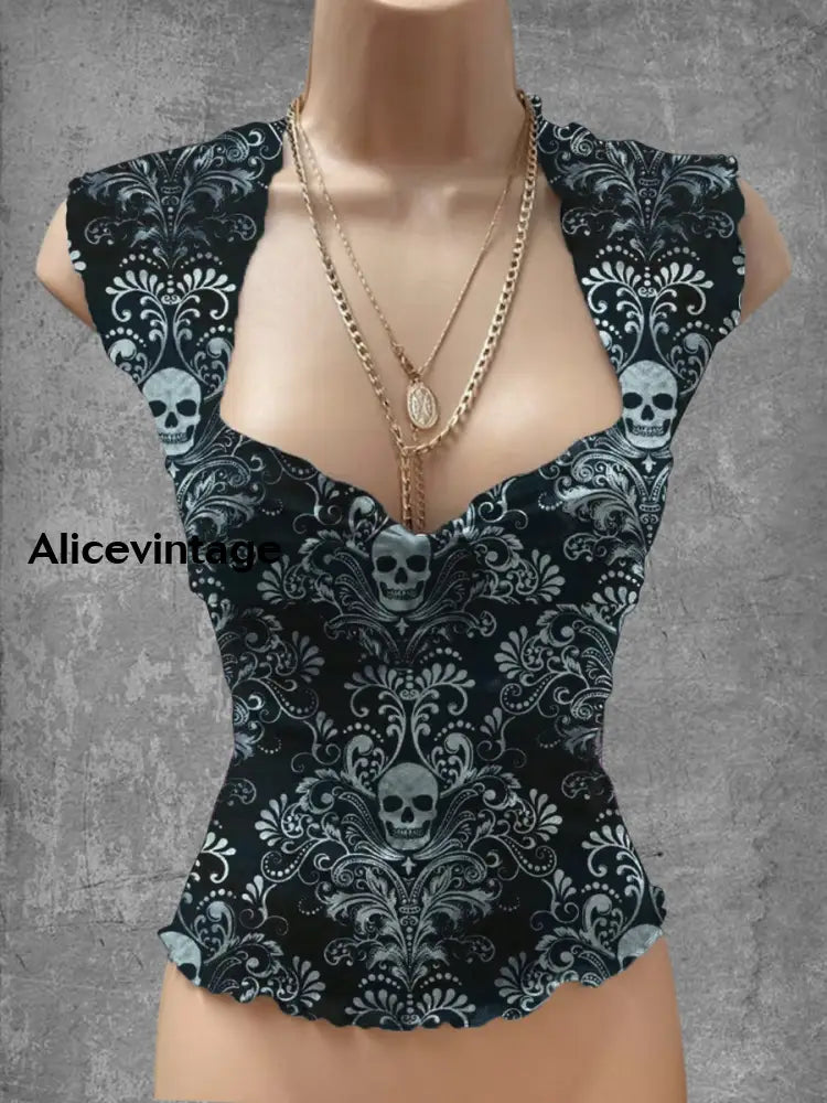 Punk Skull Art Print V-Neck Casual Top A / S