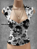 Punk Skull Art Print V-Neck Casual Top A / S