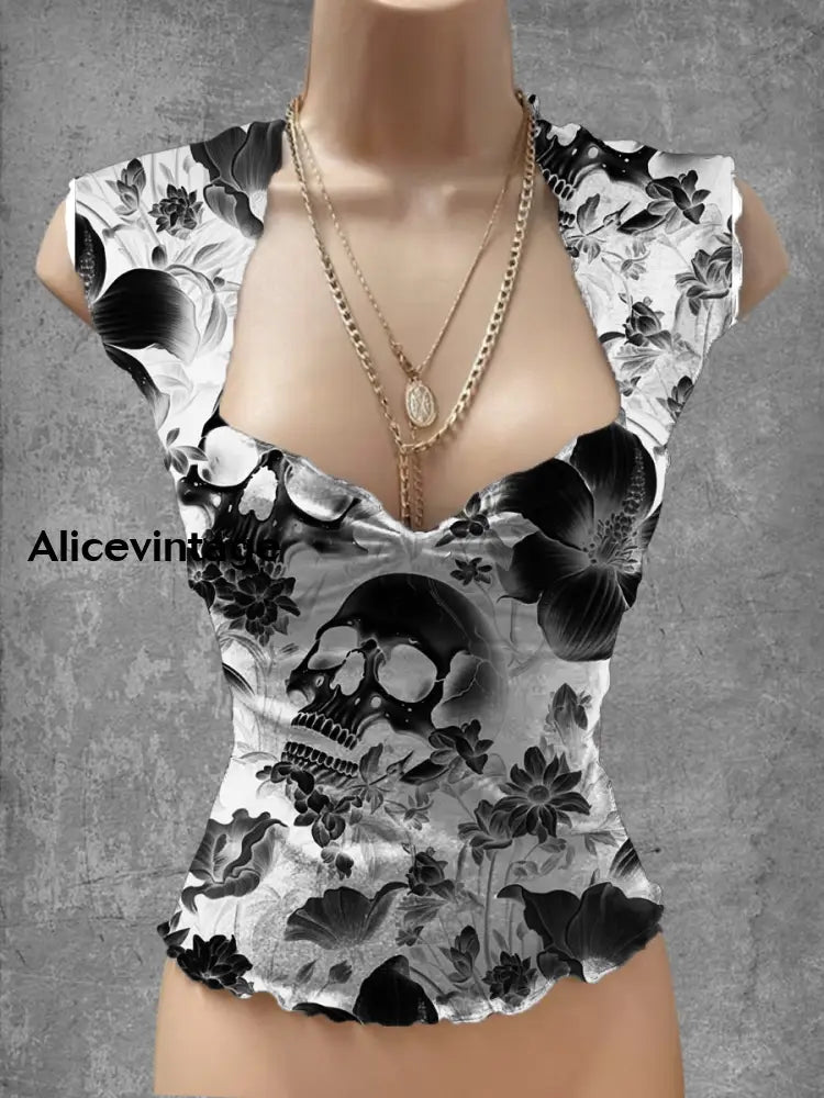 Punk Skull Art Print V-Neck Casual Top A / S