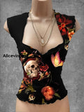 Punk Skull Art Print V-Neck Casual Top A / S