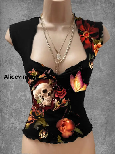 Punk Skull Art Print V-Neck Casual Top A / S