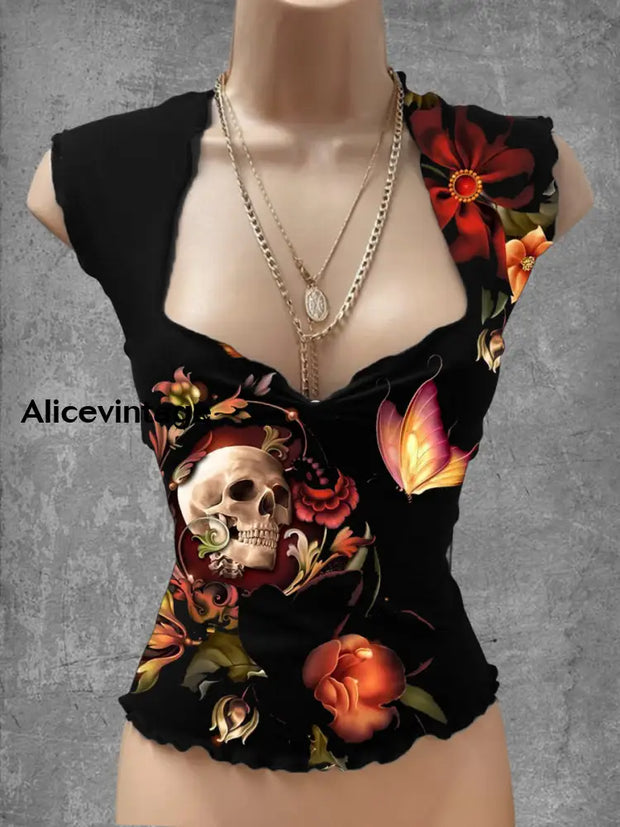 Punk Skull Art Print V-Neck Casual Top A / S