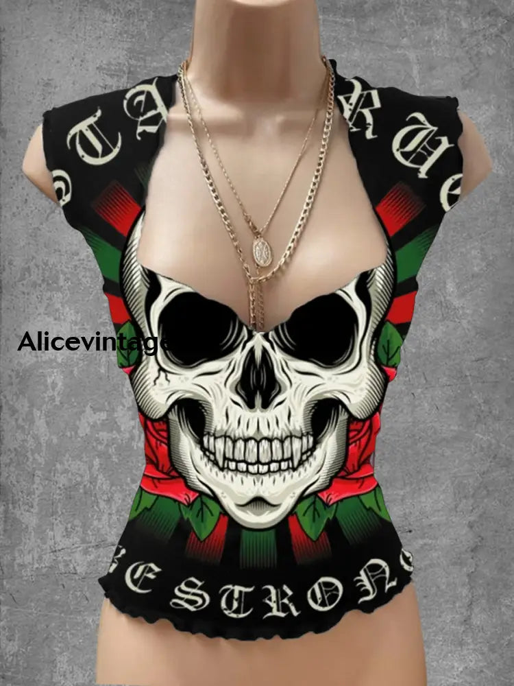 Punk Skull Art Print V-Neck Casual Top A / S