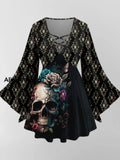 Punk Skull Art Print V-Neck Long Sleeve Top A / XS