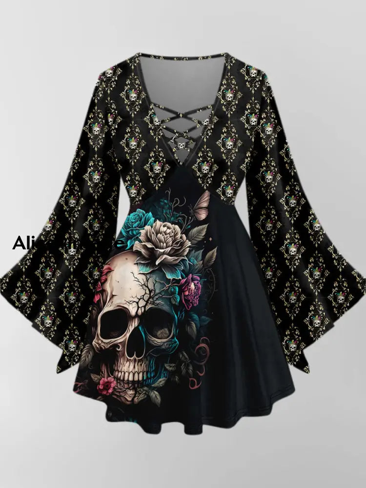 Punk Skull Art Print V-Neck Long Sleeve Top A / XS