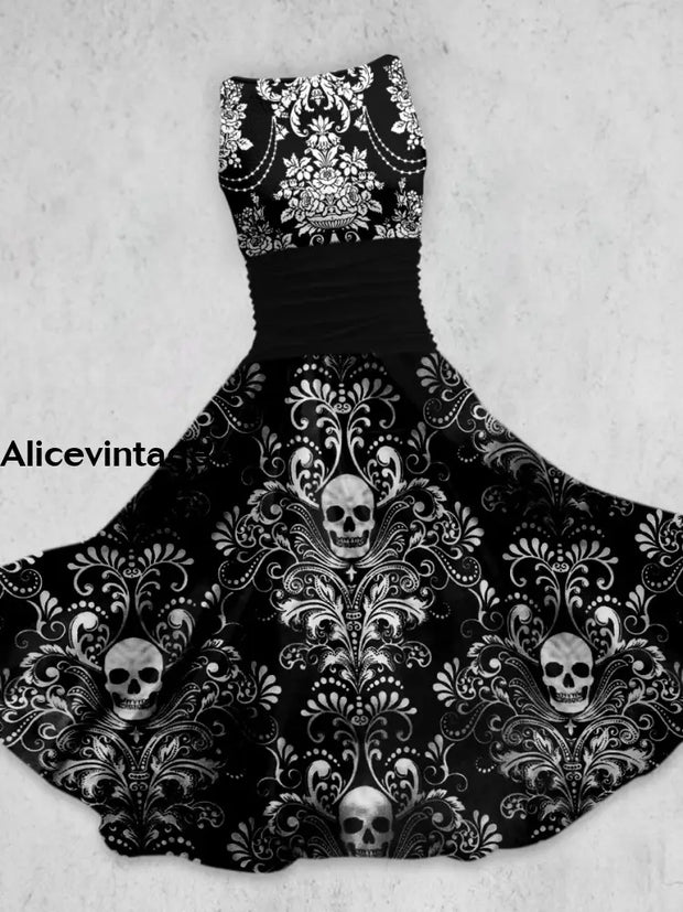 Punk Skull Art Print Vintage Chic Sleeveless Midi Dress A / S