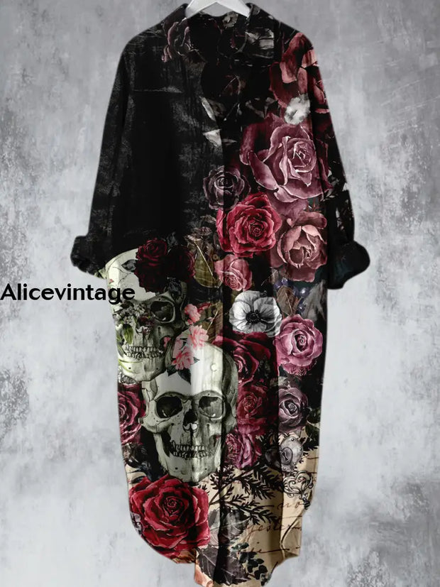 Punk Skull Flower Printed V-Neck Lapel Button Loose Vintage Midi Shirt Dress A / S