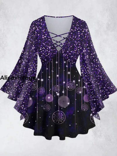 Purple Dream Star Printed V-Neck Hollow Cut Flared Long Sleeve Mid-Long Top A / Xs