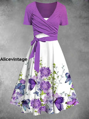 Purple Floral Art Print Short Sleeve Midi Dress