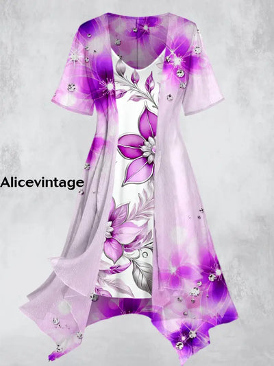 Purple Floral Art Print Short Sleeve Two Piece Midi Dress A / S