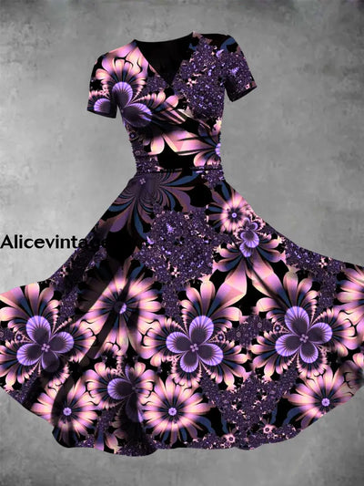 Purple Floral Art Print V-Neck Chic Short Sleeve Vintage Midi Dress A / S