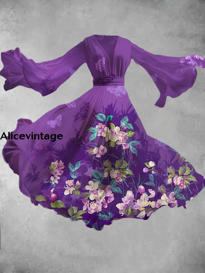 Purple Floral Art Print V-Neck Long Sleeve Vintage Flowy Midi Dress A / S