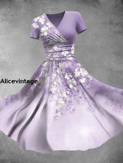 Purple Floral Art Print V-Neck Short Sleeve Retro Midi Dress