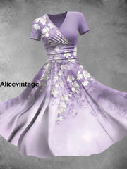 Purple Floral Art Print V-Neck Short Sleeve Retro Midi Dress A / S