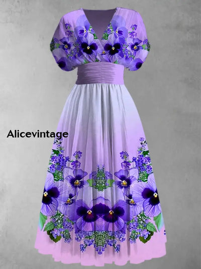 Purple Floral Art Print V-Neck Short Sleeve Vintage Maxi Dress A / S