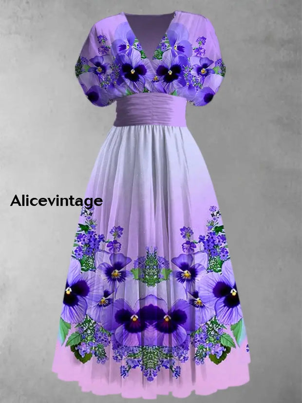 Purple Floral Art Print V-Neck Short Sleeve Vintage Maxi Dress A / S