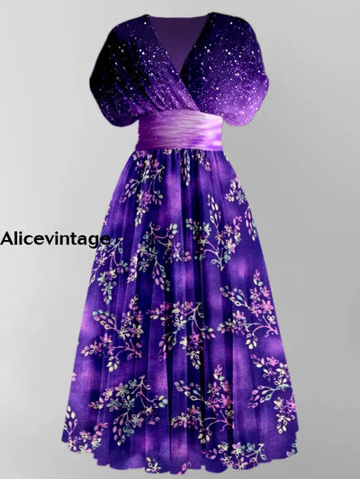 Purple Floral Print Elegant V-Neck Vintage Short Sleeve Maxi Dress A / S