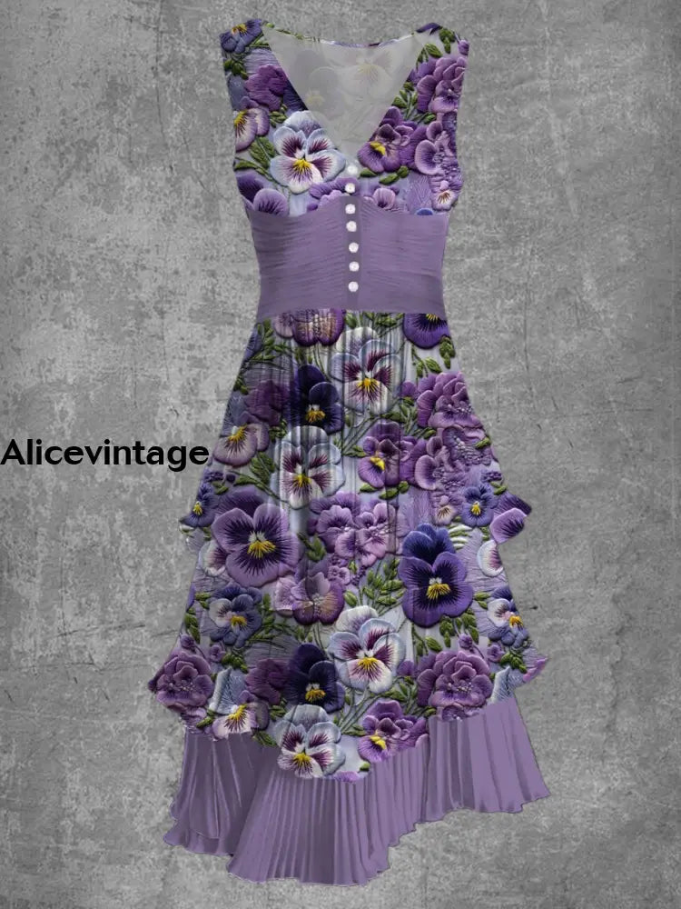 Purple Floral Print Sleeveless V-Neck Button Up Retro Midi Dress A / S