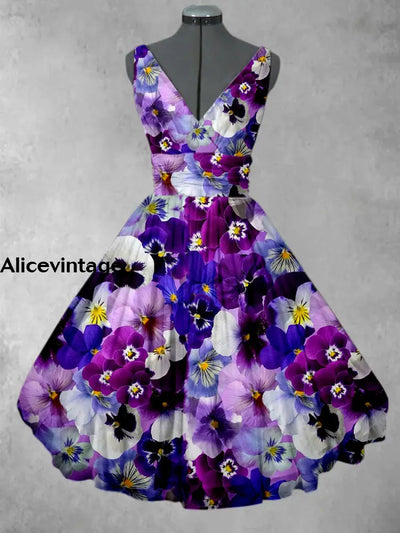 Purple Floral Print V-Neck 50’S Vintage Fashion Sleeveless Midi Dress A / S