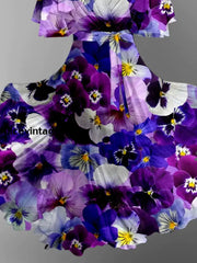 Purple Floral Print V-Neck Vintage Chic Short Sleeve Midi Dress