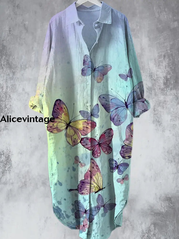 Rainbow Butterfly Printed V-Neck Lapel Button Loose Midi Shirt Dress A / S