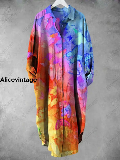 Rainbow Butterfly Tie-Dye Printed V-Neck Lapel Button Loose Long Sleeve Shirt A / S