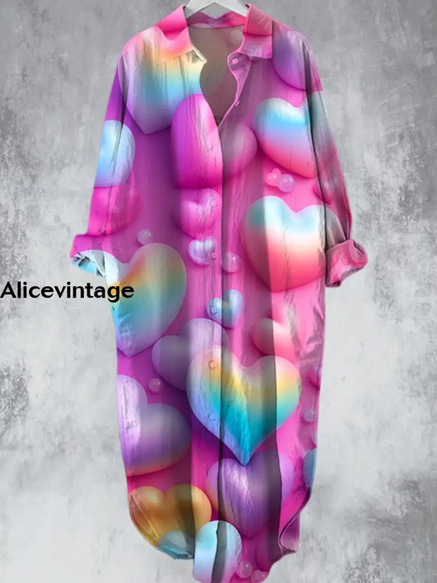 Rainbow Cute Love Heart Printed V-Neck Lapel Button Loose Midi Shirt Dress A / S