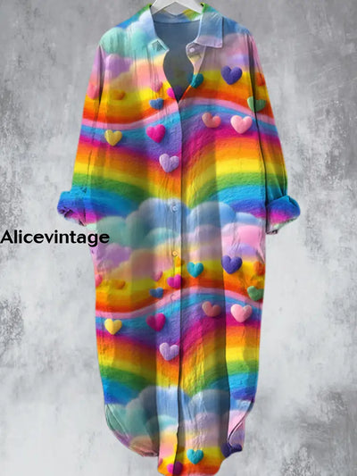 Rainbow Cute Love Heart Printed V-Neck Lapel Button Loose Midi Shirt Dress A / S