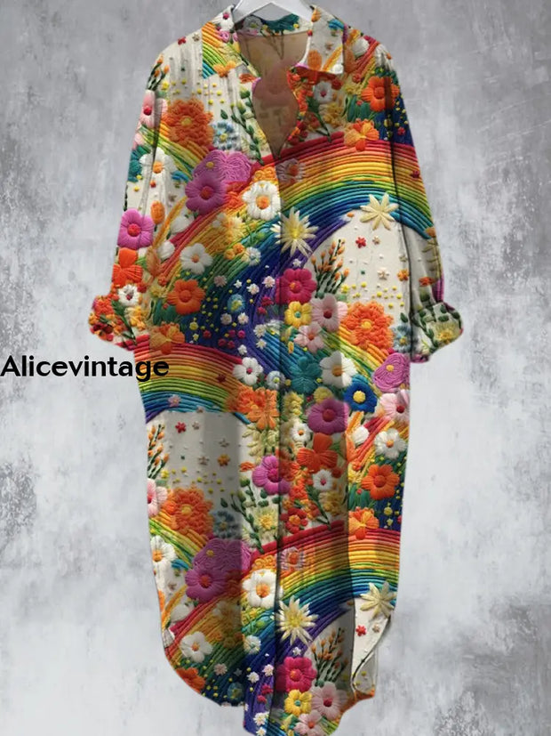 Rainbow Flower Pattern Printed V-Neck Lapel Button Loose Midi Shirt Dress A / S