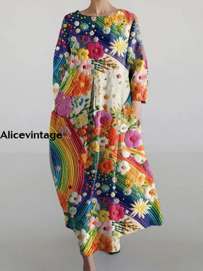 Rainbow Flower Print Casual Crew Neck Long Sleeve Maxi Dress A / S