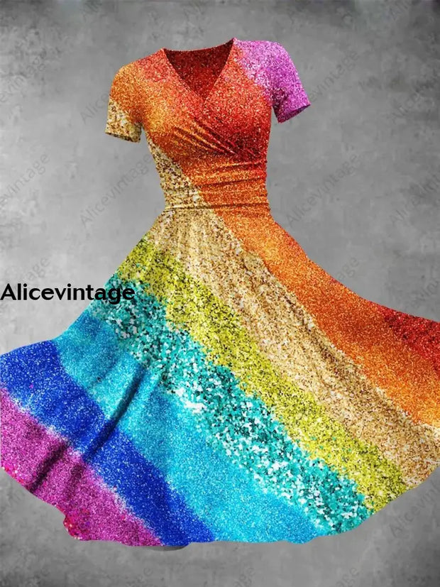 Rainbow Glitter Art Print V-Neck Short Sleeve Vintage Midi Dress A / S