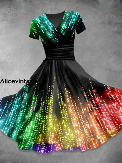 Rainbow Glitter Sequin Print V-Neck Short Sleeve Midi Dress A / S