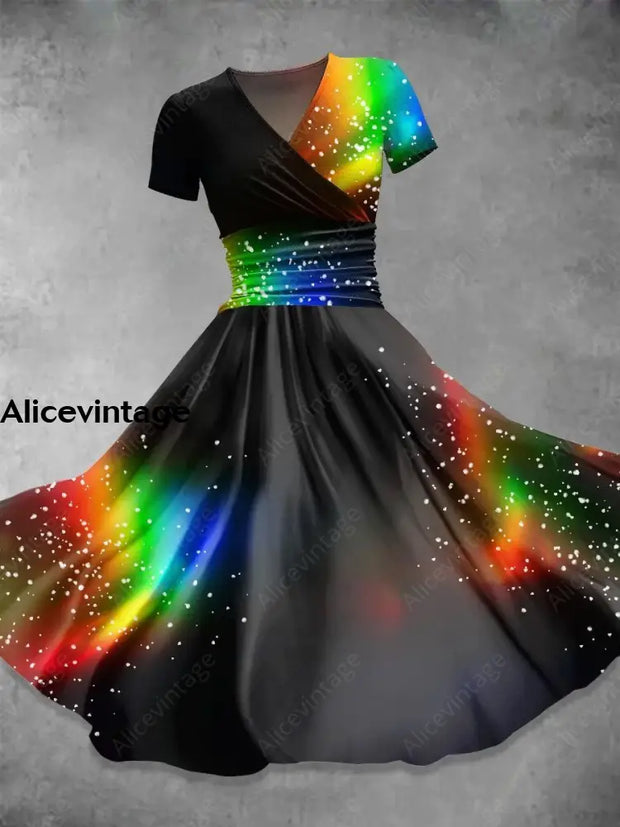 Rainbow Gradient Art Print V-Neck Short Sleeve Midi Dress A / S