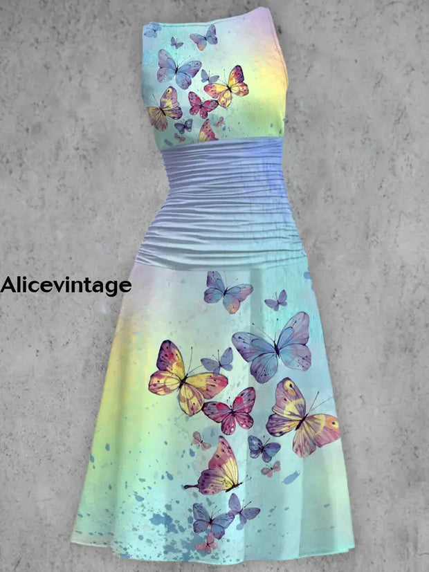 Rainbow Gradient Butterfly Print V-Neck Sleeveless Fashion Midi Dress A / S