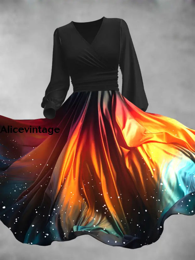 Rainbow Gradient Print V-Neck Vintage Fashion Long Sleeve Midi Dress A / S