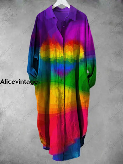 Rainbow Loving Heart Tie-Dye Printed V-Neck Lapel Button Loose Long Sleeve Shirt A / S