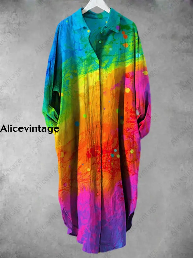 Rainbow Polka Dot Tie-Dye Printed V-Neck Lapel Button Loose Long Sleeve Shirt A / S