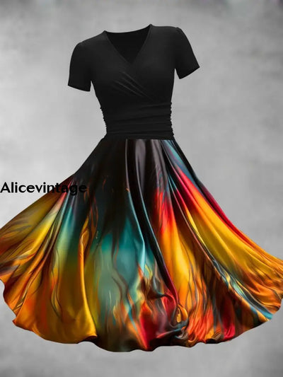 Rainbow Print V-Neck Short Sleeve Fashion Midi Dress A / S