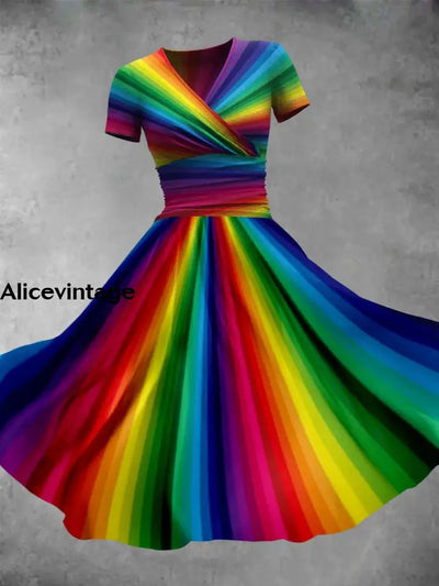 Rainbow Print V-Neck Short Sleeve Retro Midi Dress A / S