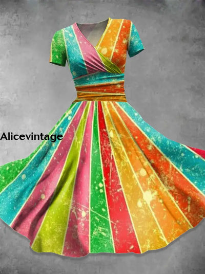 Rainbow Print V-Neck Short Sleeve Retro Midi Dress A / S