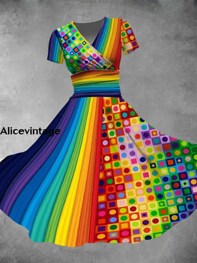 Rainbow Print V-Neck Short Sleeve Retro Midi Dress A / S