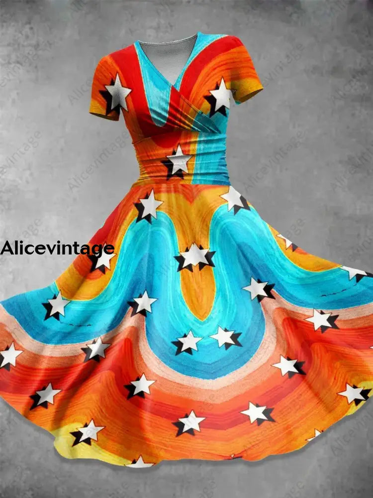 Rainbow Star Stripe Art Print V-Neck Short Sleeve Retro Midi Dress A / S