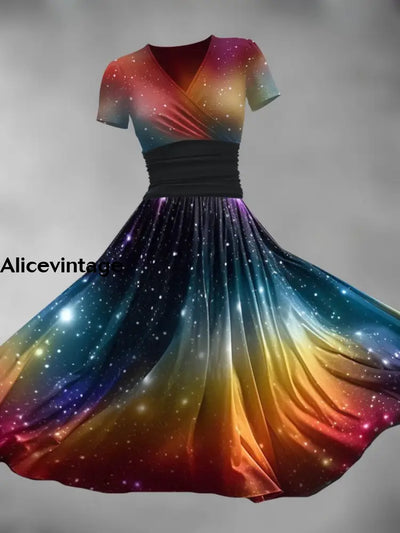 Rainbow Starlight Print V-Neck Short Sleeve Fashion Midi Dress A / S