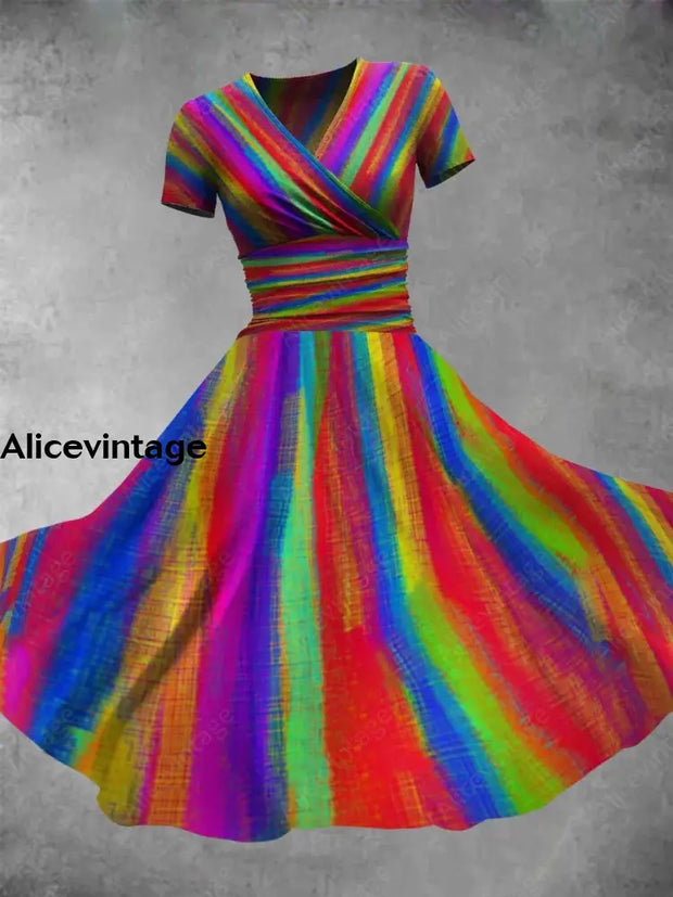 Rainbow Stripe Print V-Neck Short Sleeve Retro Midi Dress A / S